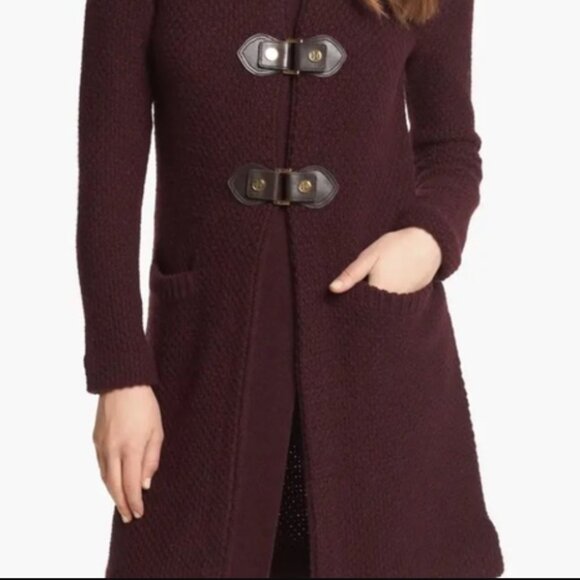 Tory Burch Burgundy Collette Sweater Coat with Brown/Gold Buckles Small - Picture 3 of 8